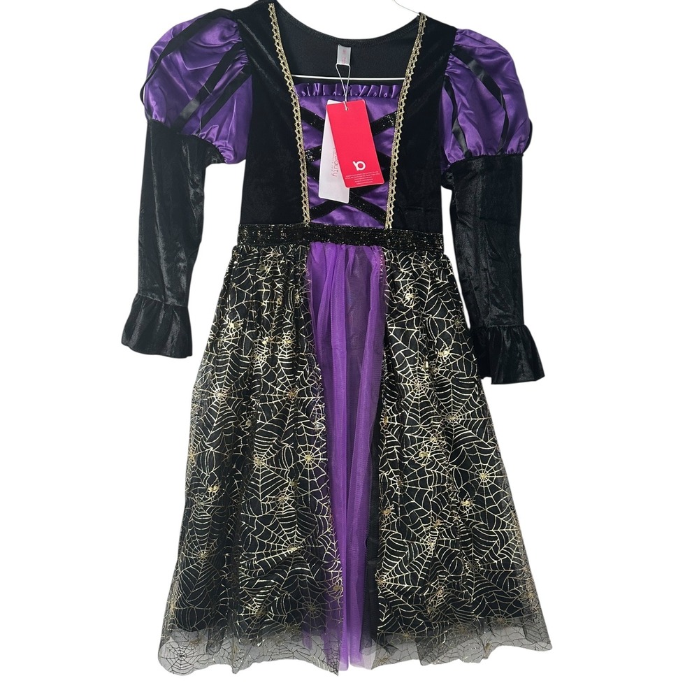 NWT‎ Girls Witch Costume Size 7-8 Purple Black Gold Spiderweb Halloween Dress